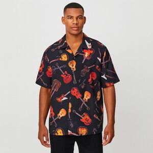 Gibson Tour Wear by Dragonfly Guitar Print Short Sleeve Button Down Camp Shirt L